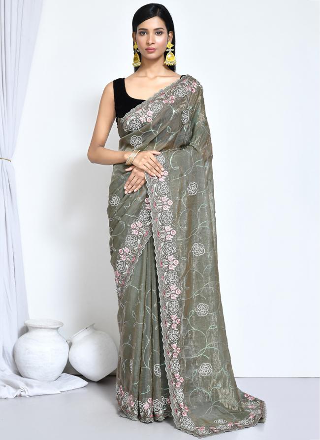 Organza Jari Silk Green Wedding Wear Embroidery Work Saree